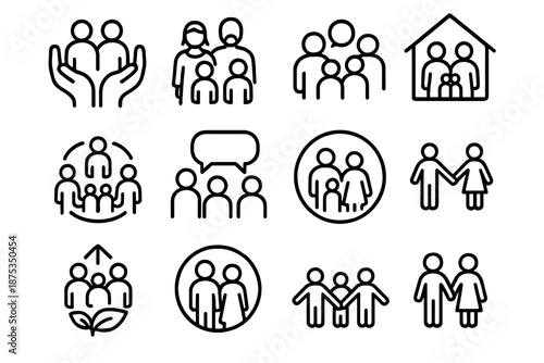 Family Icons Collection. Household Relationships set in outline vector style: caregiving hands, blended family silhouettes, shared space icon, connection arcs,