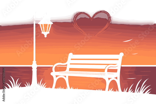 Twilight Romance Scene. Romantic twilightset in outline vector style bench by water, soft lamp, sunset reflection, heart aura, gentle breeze, glowing horizon