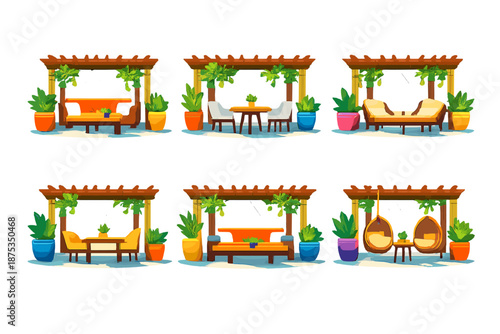 Vibrant Garden Canopy. Garden shade canopy vector set in modern flat style : pergola roof, climbing vines, wooden beams, dappled light, patio seating, potted plants