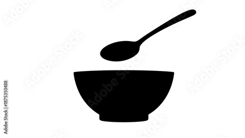 Minimalist Black and White Bowl with Spoon Silhouette.