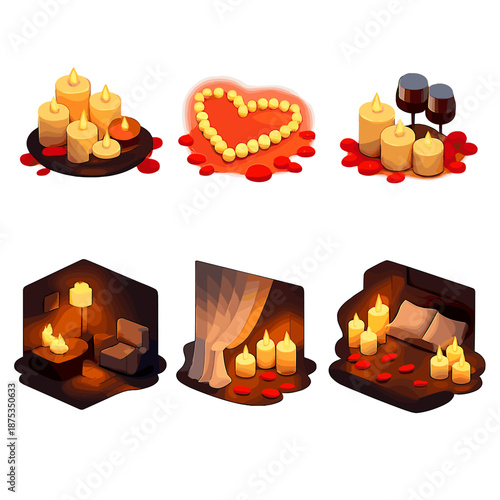 Romantic Candlelight Icons. Romantic candlelight set in isometric flat vector : multiple candles, heart glow, rose petals, dim room light, flowing curtain, intimate mood