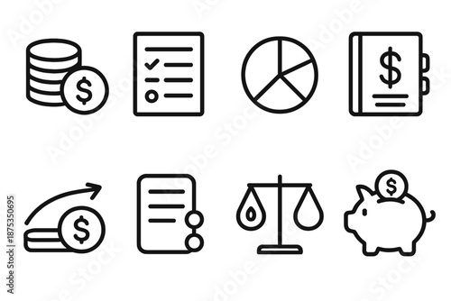 Financial Icon Collection. Financial balanceset in outline vector style coin stack, budget sheet, pie chart, ledger icon, currency arrow, expense tracker, profit-loss scale, savings icon