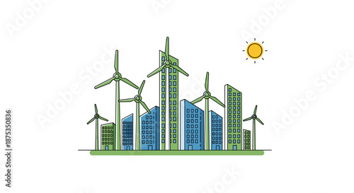 Sustainable Cityscape with Wind Turbines and Solar Panel Buildings, Generative AI.