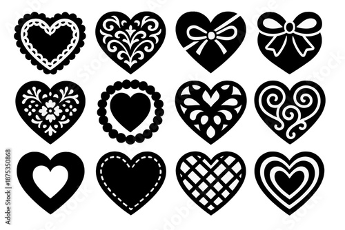 Bold Heart Icons. Decorative Hearts icon set in silhouette bold style. Contain lace heart, filigree heart, ribbon heart, bow-tied heart, ornamented heart,