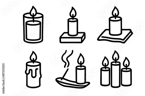 Sacred Candle Icons. Spiritual candlesset in outline vector style prayer candle, altar setup, calm flame, incense smoke, sacred cloth, peaceful glow