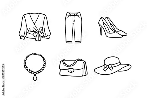 Fashion Icon Silhouettes. Outfitsset in outline vector style Blouse, Pants, Heels, Necklace, Purse, Hat