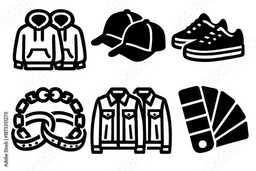 Bold Urban Couple Icons. Couple styling icon set in silhouette bold style. Contain duet hoodies, parallel caps, matching sneakers, partner bracelets, twin jackets, shared color palette
