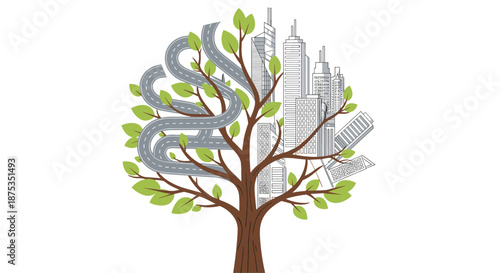 Tree with city and roads in its foliage representing urban development and nature, Generative AI.