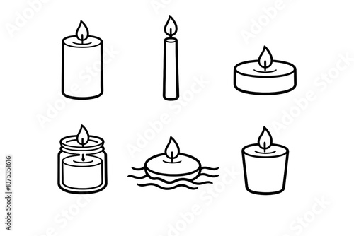 Candle Icon Collection. Candle varietiesset in outline vector style pillar candle, taper candle, tea light, jar candle, floating candle, votive candle