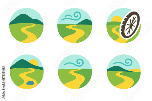 Countryside Path Journey. Pedal Path Scenic Roll vector set in modern flat style : hill silhouette, countryside route line, gentle breeze swirl, pedal mark, path stone, horizon arc