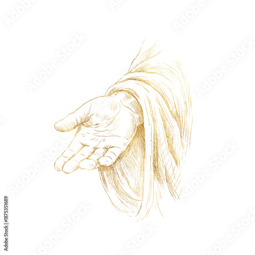 Golden open hand gesture of faith and invitation, pencil sketch illustration of a biblical hand extended forward, symbol of help, compassion, guidance, spiritual acceptance, isolated. Vector freehand