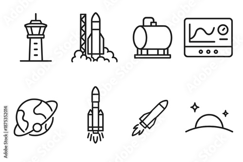 Rocket Launch Icons. Space Rocket Launch set in outline vector style: control tower, fuel tank, booster flame, liftoff cloud, telemetry screen, orbit path, separation stage icon, space horizon