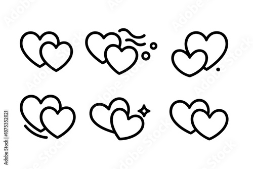 Twin Hearted Harmony. Warm RendezvousAffection Night Paired Comfort set in outline vector style : twin heart curves, shared breeze curl, drift glow mote, calm accent dot, unity arc, soft shine speck