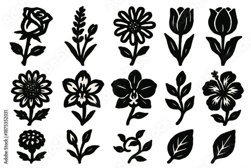Dried Flower Icons. Dried Flowers icon set in silhouette bold style. Contain rose, lavender, daisy, tulip, sunflower, lily, orchid, hibiscus, marigold, bud, vine, leaf
