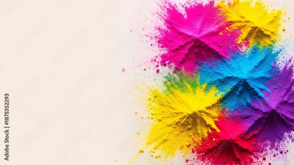Fototapeta premium Vibrant colored powder explosion on white background with copy space
