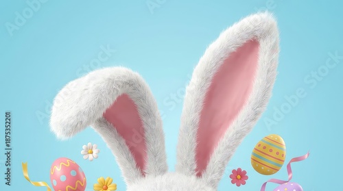 Easter bunny ears with soft white fur and pink inner lining surrounded by colorful decorated eggs and pastel elements