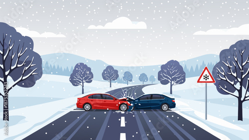 Winter road accident vector illustration with snow-covered trees and icy road conditions, traffic safety warning sign