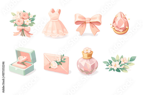 Bridesmaid Icon Set. Bridesmaid aesthetics set in isometric flat vector : pastel palette block, floral motif, lace detail, ribbon bow, gemstone accent, soft curve, elegant outline, decorative leaf