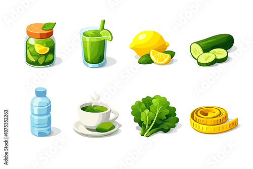 Detox Icons Set. Detox set in isometric flat vector : detox jar, green smoothie, lemon, cucumber, water bottle, tea cup, leafy greens, measuring tape