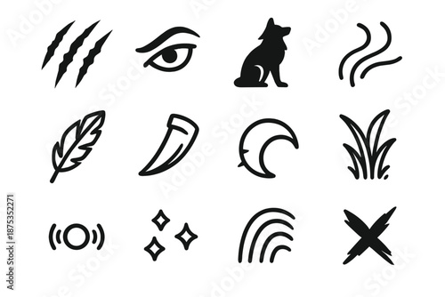 Primal Icon Set. Primal Instincts set in outline vector style: claw mark trio, piercing gaze icon, animal silhouette, scent drift line, feather trace, fang