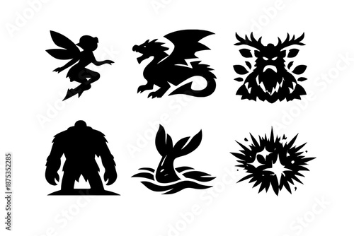 Mythical Icons Set. Mythical folklore beings icon set in silhouette bold style. Contain fairy silhouette, dragon figure, forest spirit, giant shadow, mermaid tail, magic glow