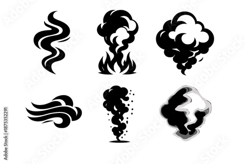 Bold Smoke Icons. Rising smoke icon set in silhouette bold style. Contain curling smoke trail, flame base, smoke cloud, wind lines, dissipating particles, soft glow