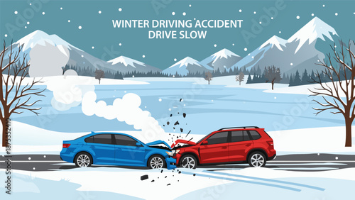 Winter driving accident vector illustration cautionary art showing reduced speed in snowy conditions