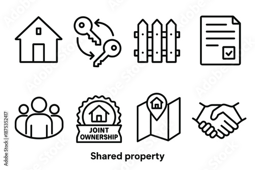Shared Property Icons. Shared Property set in outline vector style: house icon, key exchange, shared fence, agreement document, community outline, joint ownership badge, property map, handshake symbol