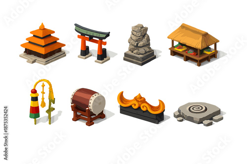 Cultural Landmark Icons. Cultural landmarks set in isometric flat vector : traditional temple, ceremonial gate, cultural statue, market pavilion, festival