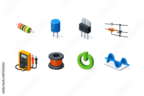 Electrical Engineering Icons. Electrical engineering set in isometric flat vector : resistor, capacitor, transistor, circuit diagram, multimeter, wire coil, power symbol, signal waveform