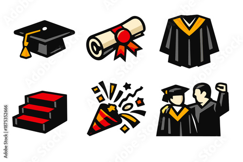 Graduation Icon Set. Graduation ceremony icon set in silhouette bold style. Contain graduation cap, diploma scroll, academic robe, stage steps, celebratory confetti, proud moment