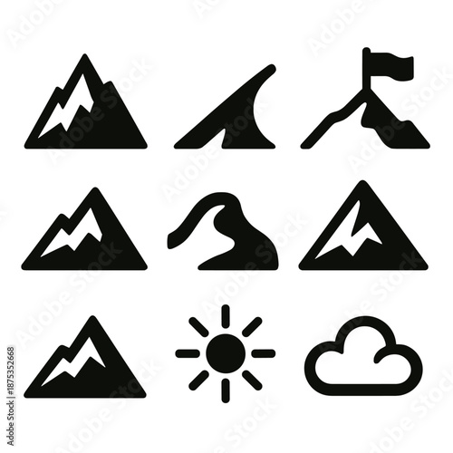 Brutalist Mountain Icons. High Elevation icon set in silhouette bold style. Contain mountain top, slope line, ridge curve, summit flag, distant peak, winding trail, sun flare, soft cloud