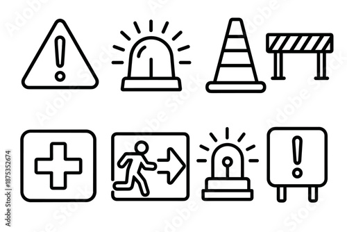 Safety Icons Collection. Safety Alert Systems set in outline vector style: hazard symbol, emergency siren, caution cone, barrier line, first-aid icon, evacuation arrow, safety beacon, alert panel