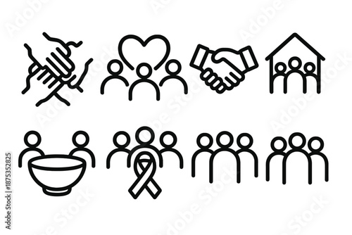 Symbols of Unity. Community Harmony set in outline vector style: linked hands, shared heart, cooperative circle, handshake, community house, shared meal bowl, unity ribbon, inclusive group silhouette