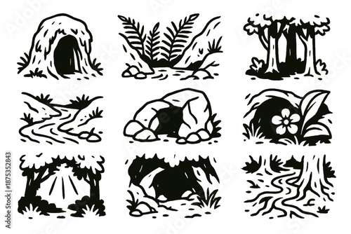 Nature's Hidden Icons. Nature Hidden Corners set in outline vector style: mossy hollow, fern alcove, creek bend, shaded grove, stone nook, hidden flower, soft sunlight gap, winding root path