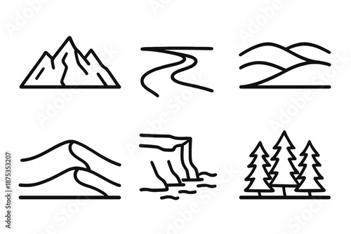 Earthscape Icons Collection. Earthscape terrains set in outline vector style: mountain range, river bend, rolling hills, desert dune, coastal cliff, forest line