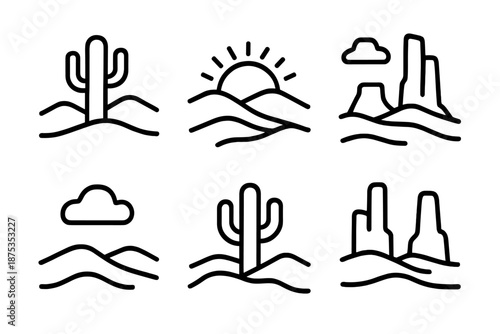 Desert Sunset Icons. Landscapeset in outline vector style Desert, Cactus, Sunset, Sand Dune, Rock Formation, Cloud