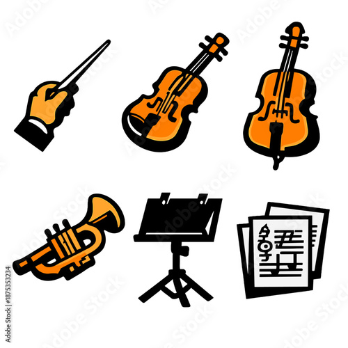 Brutalist Orchestra Icons. Orchestra performance icon set in silhouette bold style. Contain conductor baton, violin, cello, trumpet, music stand, sheet music