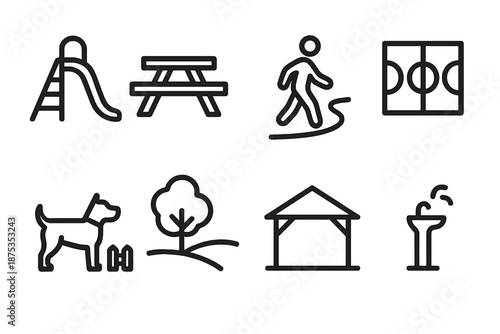 Recreational Space Icons. Recreational Public Spaces set in outline vector style: playground slide, picnic table, walking trail, sports court lines, dog park