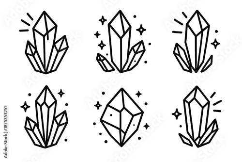 Radiant Ice Crystals. Frost Glow Crystal Essence set in outline vector style : angular ice crystal, radiant shard, frosty prism, light-catching facet, glowing edge line, frozen sparkle dot