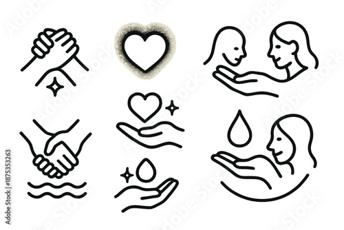 Linked Hands Harmony. Close Bond set in outline vector style : linked hands arc, soft glow puff, gentle contour line, supportive ripple, tender sparkle dot,