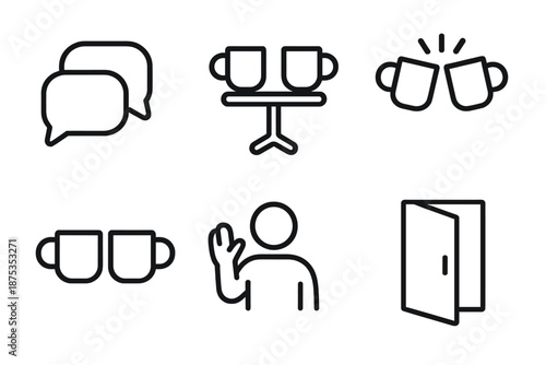 Café Icon Set. Café Mood social set in outline vector style: chat bubbles, shared mugs, small table, clinking cups, friendly wave, open door