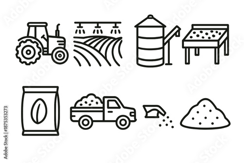 Farm Icons Template. Farm harvestset in outline vector style tractor, field rows, irrigation line, grain silo, sorting table, farm truck, seed bag, soil mound