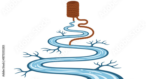 Water flowing from a brown container forming a river with branches, Generative AI.