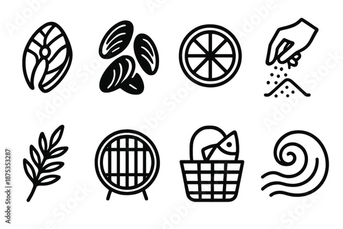 Coastal Seafood Icons. Local Coastal Flavors set in outline vector style: fish fillet icon, shellfish cluster, citrus slice, sea salt pinch, coastal herb, grill plate, fresh catch basket, wave swirl