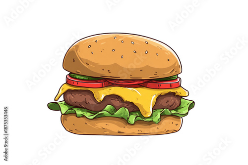 Cartoon Cheeseburger with Melted Cheese on Isolated Background