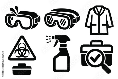 Lab Safety Icons. Lab goggles icon set in silhouette bold style. Contain chemical splash goggles, adjustable strap, ventilation ports, lab coat icon, hazard