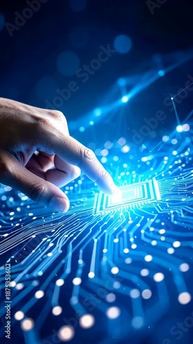Human finger activating glowing microchip on circuit board with futuristic geometric network, connected digital technology