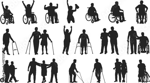 Silhouette, disability, mobility, wheelchair, walker, crutches, cane, inclusion, support, diversity, black, posture, empowerment, movement, accessibility, aid, people, health, care, icon, design