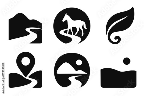 Hillside Horse Icons. Equine Trail Scenic Journey icon set in silhouette bold style. Contain hillside silhouette, horse trail loop, leaf curl, travel mark, landscape pebble, wide horizon curve